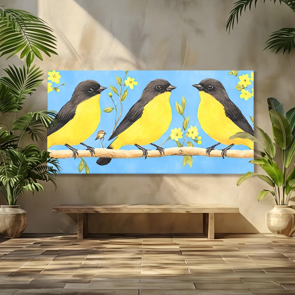 Leinwand Wandkunst Leinwand Wandkunst Premium, LuxCanva® M1067, Kleines Gelbes Universum, Vögel, Gelb, Frühling, Familie, Familie, Zweig, Blumen, Blumen, Huhn, Harmonie, Baby, Büro, Wohnen, Kinderzimmer