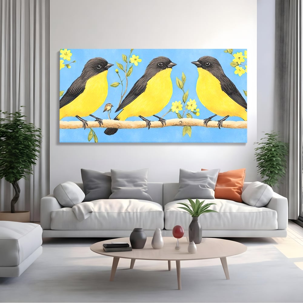 Leinwand Wandkunst Leinwand Wandkunst Premium, LuxCanva® M1067, Kleines Gelbes Universum, Vögel, Gelb, Frühling, Familie, Familie, Zweig, Blumen, Blumen, Huhn, Harmonie, Baby, Büro, Wohnen, Kinderzimmer