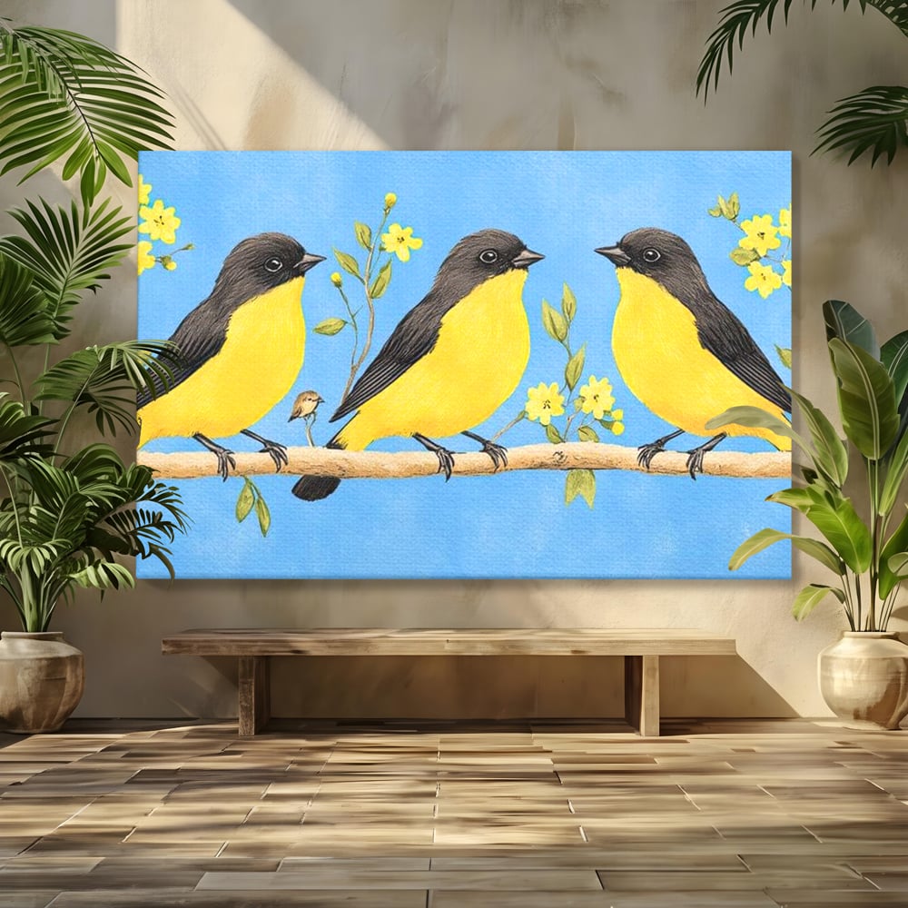 Leinwand Wandkunst Leinwand Wandkunst Premium, LuxCanva® M1067, Kleines Gelbes Universum, Vögel, Gelb, Frühling, Familie, Familie, Zweig, Blumen, Blumen, Huhn, Harmonie, Baby, Büro, Wohnen, Kinderzimmer