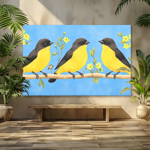 Leinwand Wandkunst Leinwand Wandkunst Premium, LuxCanva® M1067, Kleines Gelbes Universum, Vögel, Gelb, Frühling, Familie, Familie, Zweig, Blumen, Blumen, Huhn, Harmonie, Baby, Büro, Wohnen, Kinderzimmer