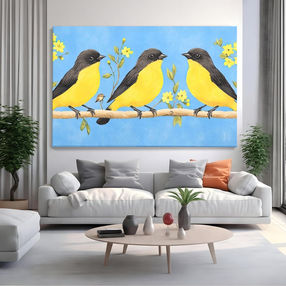 Leinwand Wandkunst Leinwand Wandkunst Premium, LuxCanva® M1067, Kleines Gelbes Universum, Vögel, Gelb, Frühling, Familie, Familie, Zweig, Blumen, Blumen, Huhn, Harmonie, Baby, Büro, Wohnen, Kinderzimmer