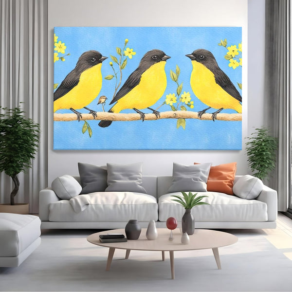 Leinwand Wandkunst Leinwand Wandkunst Premium, LuxCanva® M1067, Kleines Gelbes Universum, Vögel, Gelb, Frühling, Familie, Familie, Zweig, Blumen, Blumen, Huhn, Harmonie, Baby, Büro, Wohnen, Kinderzimmer