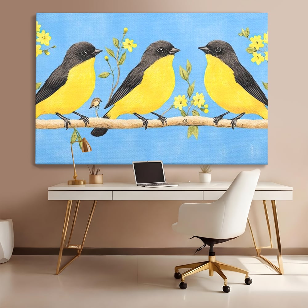 Leinwand Wandkunst Leinwand Wandkunst Premium, LuxCanva® M1067, Kleines Gelbes Universum, Vögel, Gelb, Frühling, Familie, Familie, Zweig, Blumen, Blumen, Huhn, Harmonie, Baby, Büro, Wohnen, Kinderzimmer