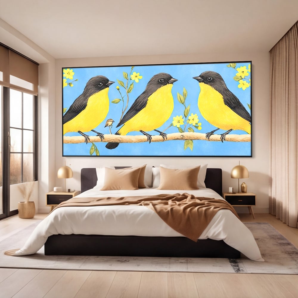 Leinwand Wandkunst Leinwand Wandkunst Premium, LuxCanva® M1067, Kleines Gelbes Universum, Vögel, Gelb, Frühling, Familie, Familie, Zweig, Blumen, Blumen, Huhn, Harmonie, Baby, Büro, Wohnen, Kinderzimmer
