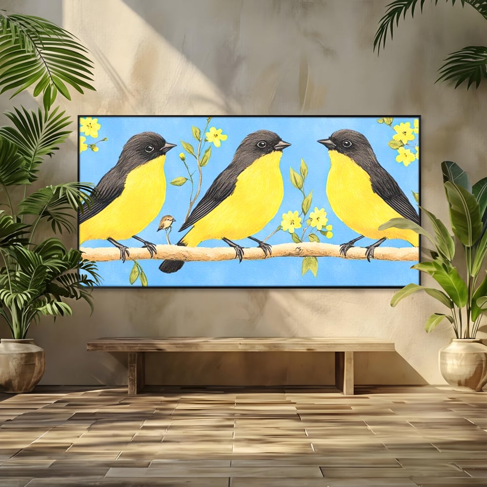 Leinwand Wandkunst Leinwand Wandkunst Premium, LuxCanva® M1067, Kleines Gelbes Universum, Vögel, Gelb, Frühling, Familie, Familie, Zweig, Blumen, Blumen, Huhn, Harmonie, Baby, Büro, Wohnen, Kinderzimmer