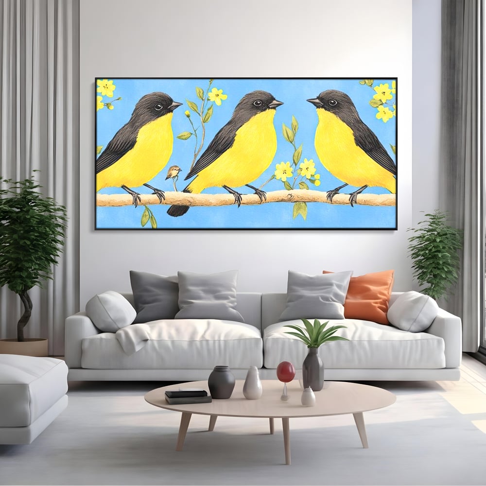 Leinwand Wandkunst Leinwand Wandkunst Premium, LuxCanva® M1067, Kleines Gelbes Universum, Vögel, Gelb, Frühling, Familie, Familie, Zweig, Blumen, Blumen, Huhn, Harmonie, Baby, Büro, Wohnen, Kinderzimmer