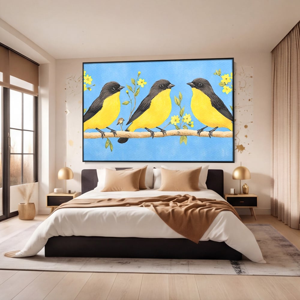 Leinwand Wandkunst Leinwand Wandkunst Premium, LuxCanva® M1067, Kleines Gelbes Universum, Vögel, Gelb, Frühling, Familie, Familie, Zweig, Blumen, Blumen, Huhn, Harmonie, Baby, Büro, Wohnen, Kinderzimmer