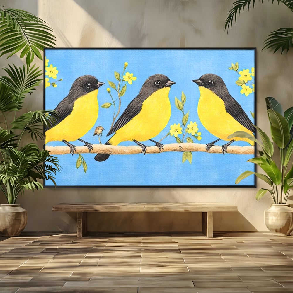Leinwand Wandkunst Leinwand Wandkunst Premium, LuxCanva® M1067, Kleines Gelbes Universum, Vögel, Gelb, Frühling, Familie, Familie, Zweig, Blumen, Blumen, Huhn, Harmonie, Baby, Büro, Wohnen, Kinderzimmer