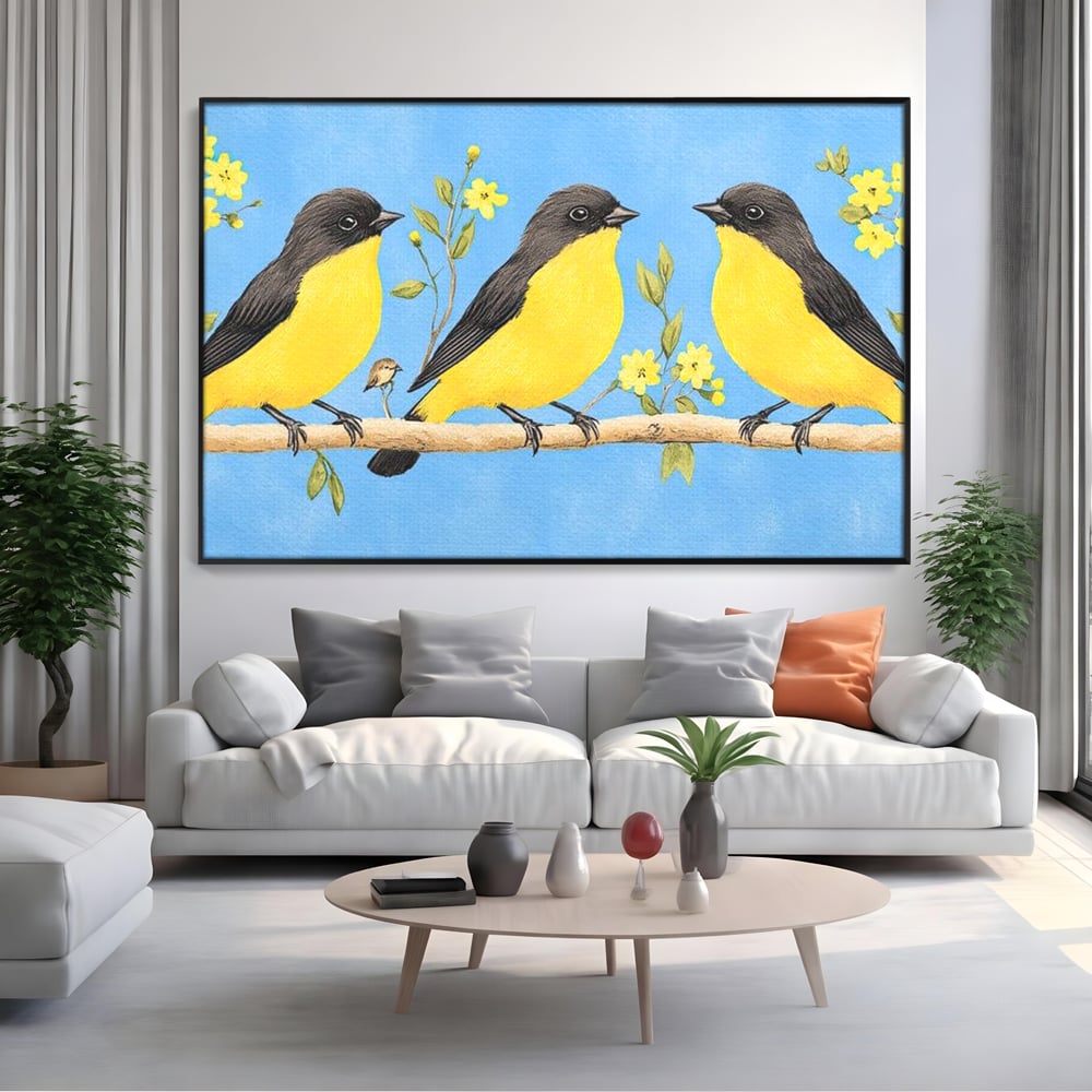 Leinwand Wandkunst Leinwand Wandkunst Premium, LuxCanva® M1067, Kleines Gelbes Universum, Vögel, Gelb, Frühling, Familie, Familie, Zweig, Blumen, Blumen, Huhn, Harmonie, Baby, Büro, Wohnen, Kinderzimmer