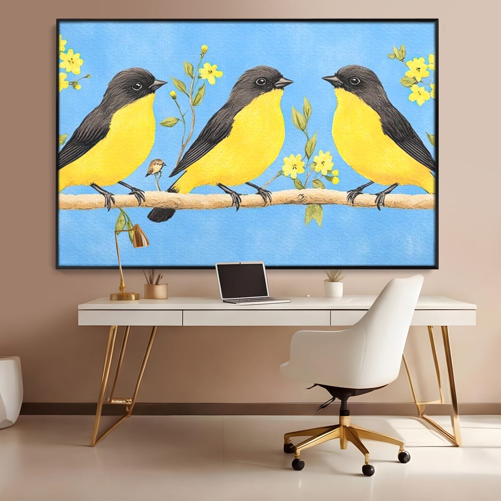 Leinwand Wandkunst Leinwand Wandkunst Premium, LuxCanva® M1067, Kleines Gelbes Universum, Vögel, Gelb, Frühling, Familie, Familie, Zweig, Blumen, Blumen, Huhn, Harmonie, Baby, Büro, Wohnen, Kinderzimmer