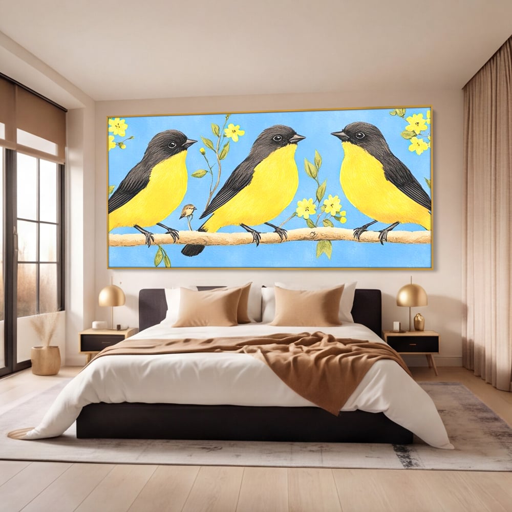 Leinwand Wandkunst Leinwand Wandkunst Premium, LuxCanva® M1067, Kleines Gelbes Universum, Vögel, Gelb, Frühling, Familie, Familie, Zweig, Blumen, Blumen, Huhn, Harmonie, Baby, Büro, Wohnen, Kinderzimmer