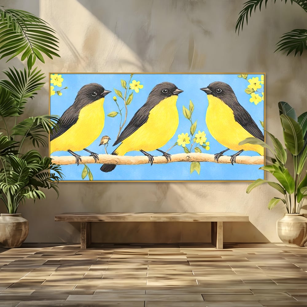 Leinwand Wandkunst Leinwand Wandkunst Premium, LuxCanva® M1067, Kleines Gelbes Universum, Vögel, Gelb, Frühling, Familie, Familie, Zweig, Blumen, Blumen, Huhn, Harmonie, Baby, Büro, Wohnen, Kinderzimmer