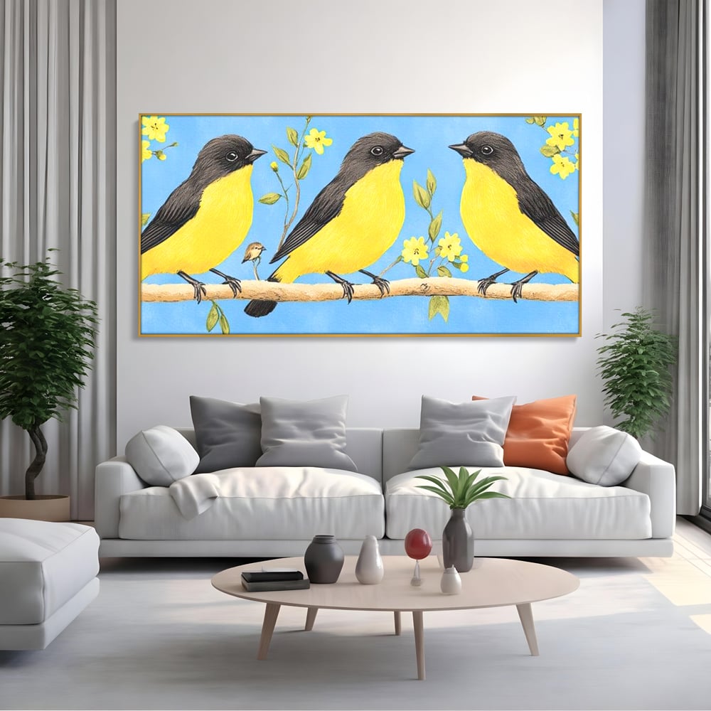 Leinwand Wandkunst Leinwand Wandkunst Premium, LuxCanva® M1067, Kleines Gelbes Universum, Vögel, Gelb, Frühling, Familie, Familie, Zweig, Blumen, Blumen, Huhn, Harmonie, Baby, Büro, Wohnen, Kinderzimmer