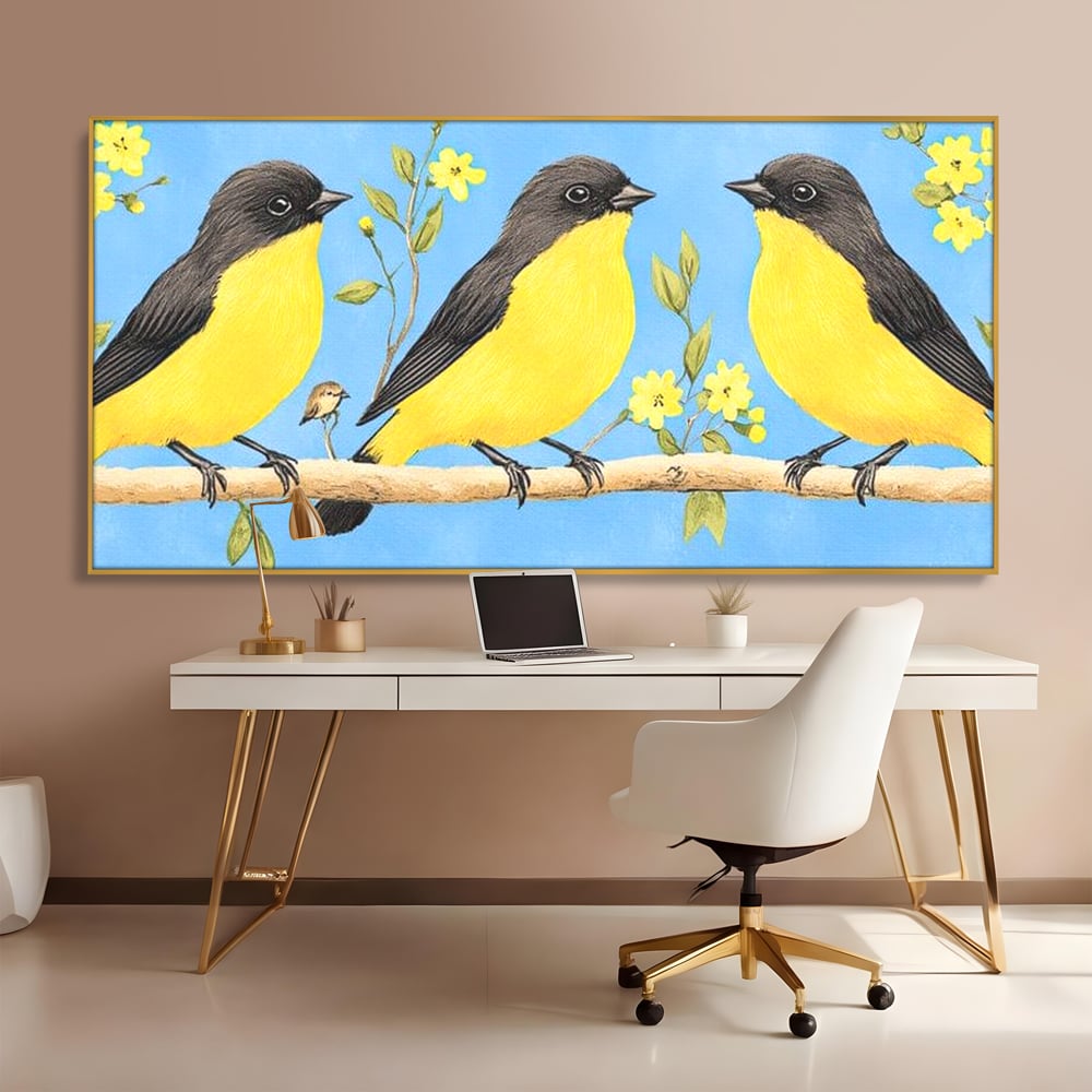 Leinwand Wandkunst Leinwand Wandkunst Premium, LuxCanva® M1067, Kleines Gelbes Universum, Vögel, Gelb, Frühling, Familie, Familie, Zweig, Blumen, Blumen, Huhn, Harmonie, Baby, Büro, Wohnen, Kinderzimmer