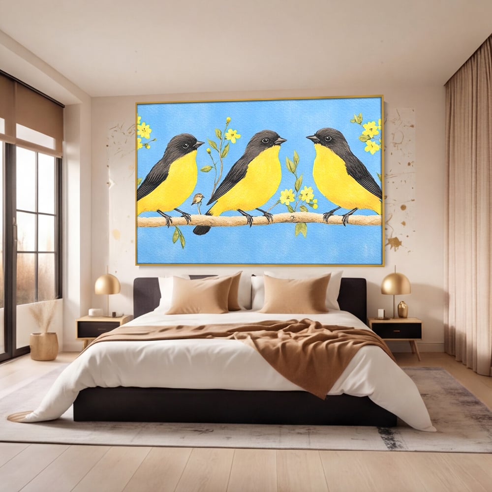 Leinwand Wandkunst Leinwand Wandkunst Premium, LuxCanva® M1067, Kleines Gelbes Universum, Vögel, Gelb, Frühling, Familie, Familie, Zweig, Blumen, Blumen, Huhn, Harmonie, Baby, Büro, Wohnen, Kinderzimmer