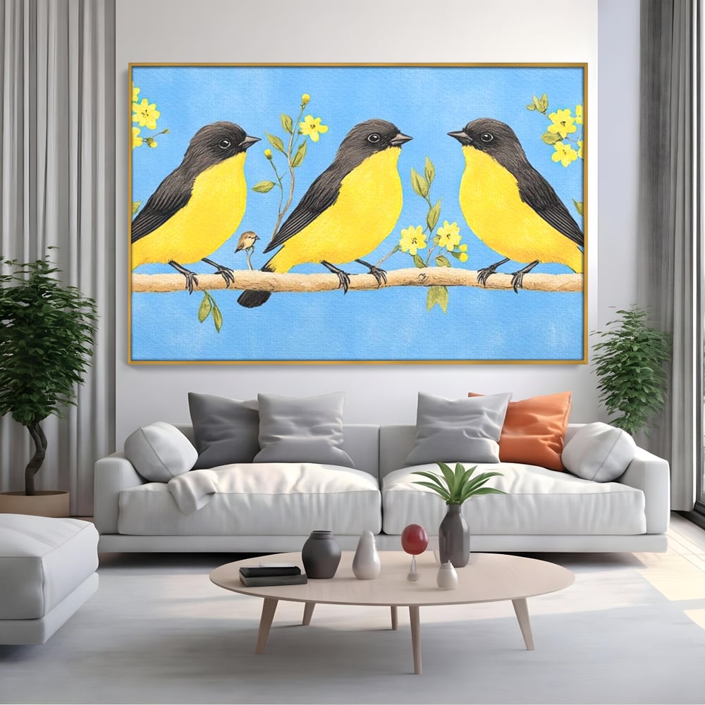 Leinwand Wandkunst Leinwand Wandkunst Premium, LuxCanva® M1067, Kleines Gelbes Universum, Vögel, Gelb, Frühling, Familie, Familie, Zweig, Blumen, Blumen, Huhn, Harmonie, Baby, Büro, Wohnen, Kinderzimmer