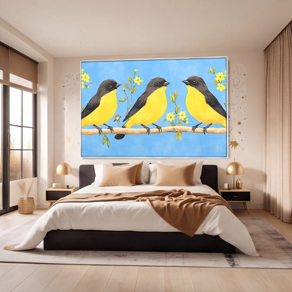 Leinwand Wandkunst Leinwand Wandkunst Premium, LuxCanva® M1067, Kleines Gelbes Universum, Vögel, Gelb, Frühling, Familie, Familie, Zweig, Blumen, Blumen, Huhn, Harmonie, Baby, Büro, Wohnen, Kinderzimmer