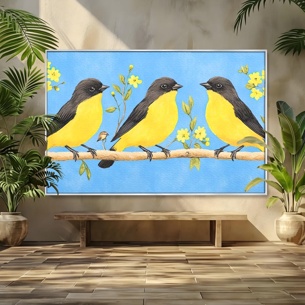 Leinwand Wandkunst Leinwand Wandkunst Premium, LuxCanva® M1067, Kleines Gelbes Universum, Vögel, Gelb, Frühling, Familie, Familie, Zweig, Blumen, Blumen, Huhn, Harmonie, Baby, Büro, Wohnen, Kinderzimmer