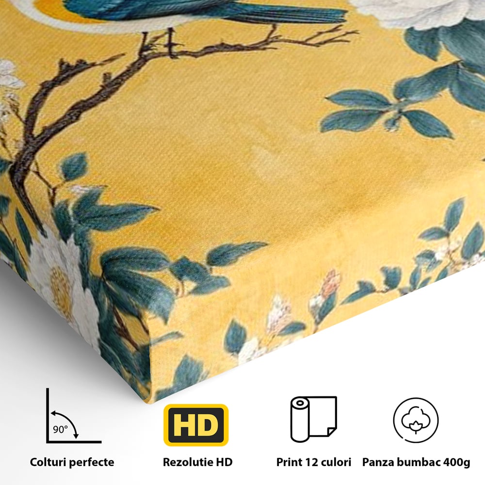 Tablou Canvas Premium, LuxCanva® M1068, Splendoare printre Bujori, Bujori, Oriental, Asiatic, Gradina, Pasari, Flori, Botanica, Pictura, Galben, Birou, Living, Camera Copil