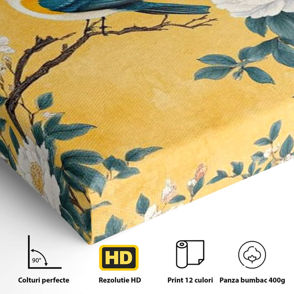 Tablou Canvas Premium, LuxCanva® M1068, Splendoare printre Bujori, Bujori, Oriental, Asiatic, Gradina, Pasari, Flori, Botanica, Pictura, Galben, Birou, Living, Camera Copil