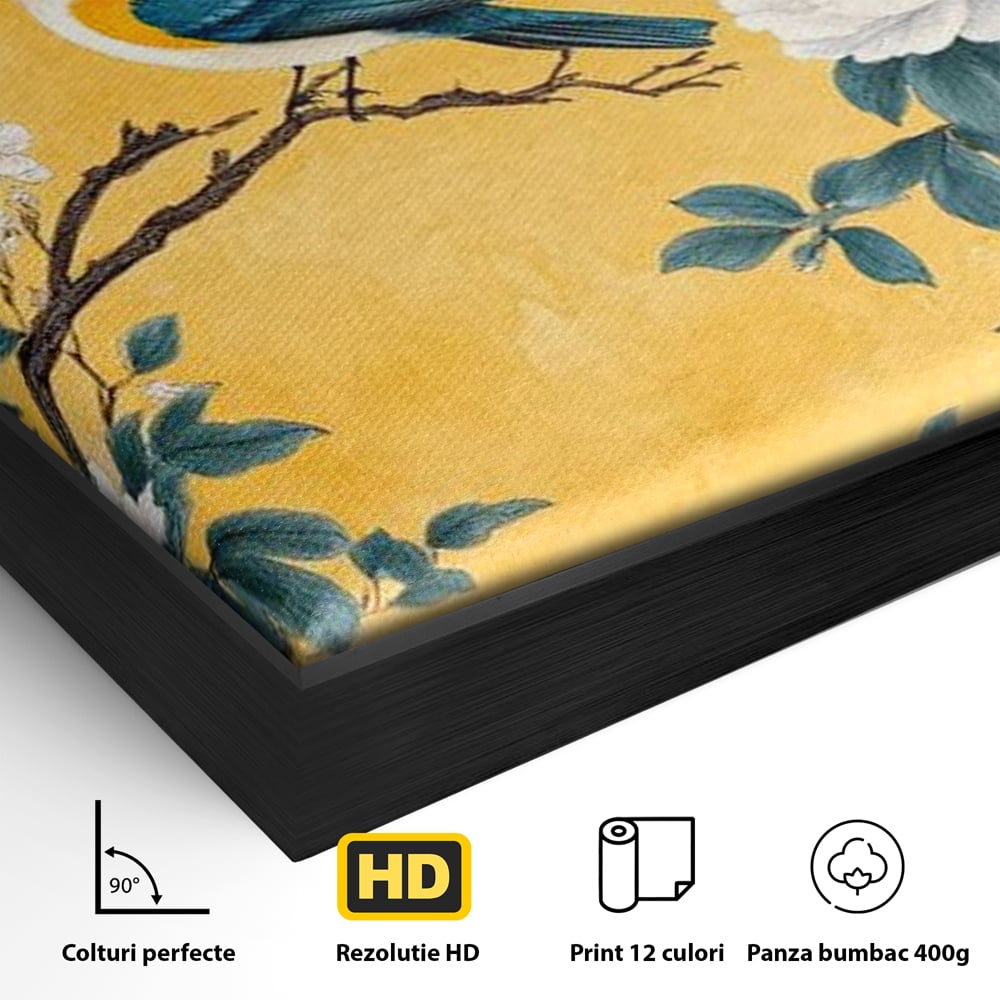Tablou Canvas Premium, LuxCanva® M1068, Splendoare printre Bujori, Bujori, Oriental, Asiatic, Gradina, Pasari, Flori, Botanica, Pictura, Galben, Birou, Living, Camera Copil