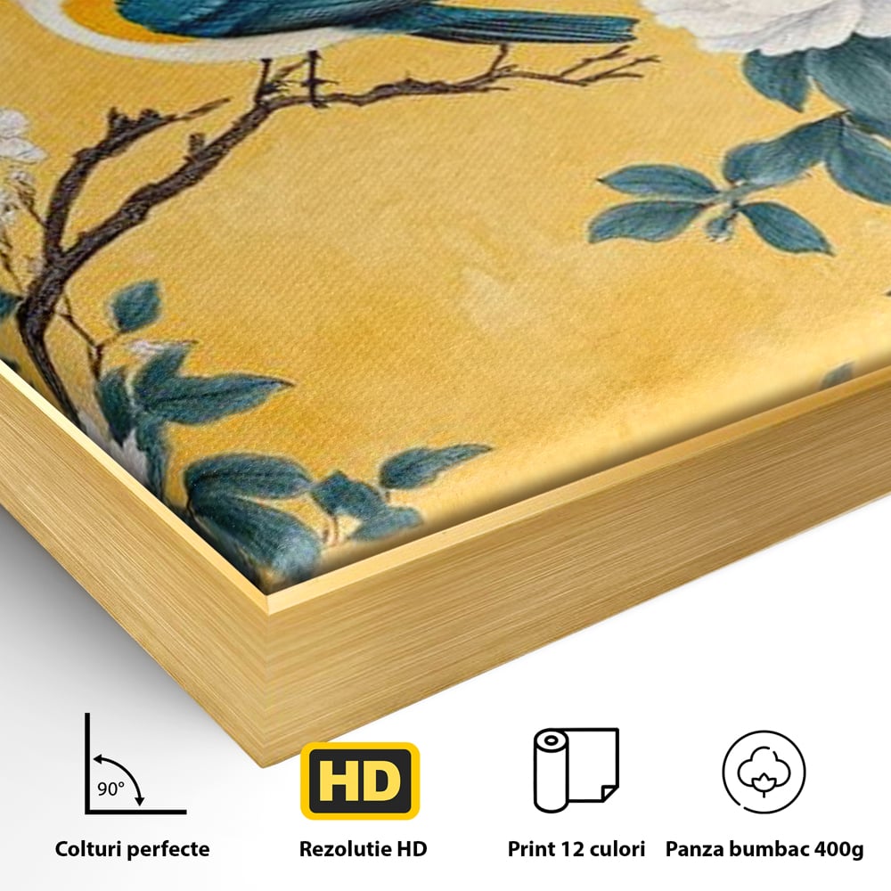 Tablou Canvas Premium, LuxCanva® M1068, Splendoare printre Bujori, Bujori, Oriental, Asiatic, Gradina, Pasari, Flori, Botanica, Pictura, Galben, Birou, Living, Camera Copil