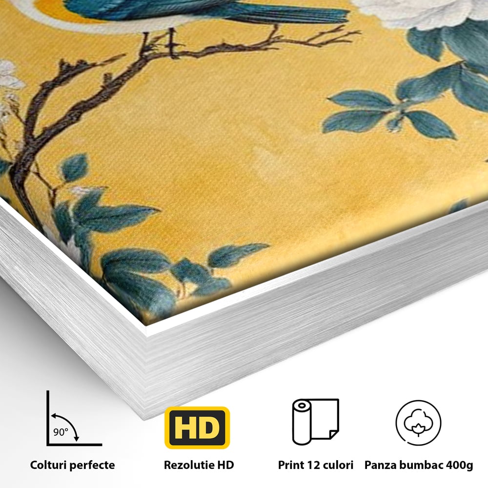 Tablou Canvas Premium, LuxCanva® M1068, Splendoare printre Bujori, Bujori, Oriental, Asiatic, Gradina, Pasari, Flori, Botanica, Pictura, Galben, Birou, Living, Camera Copil