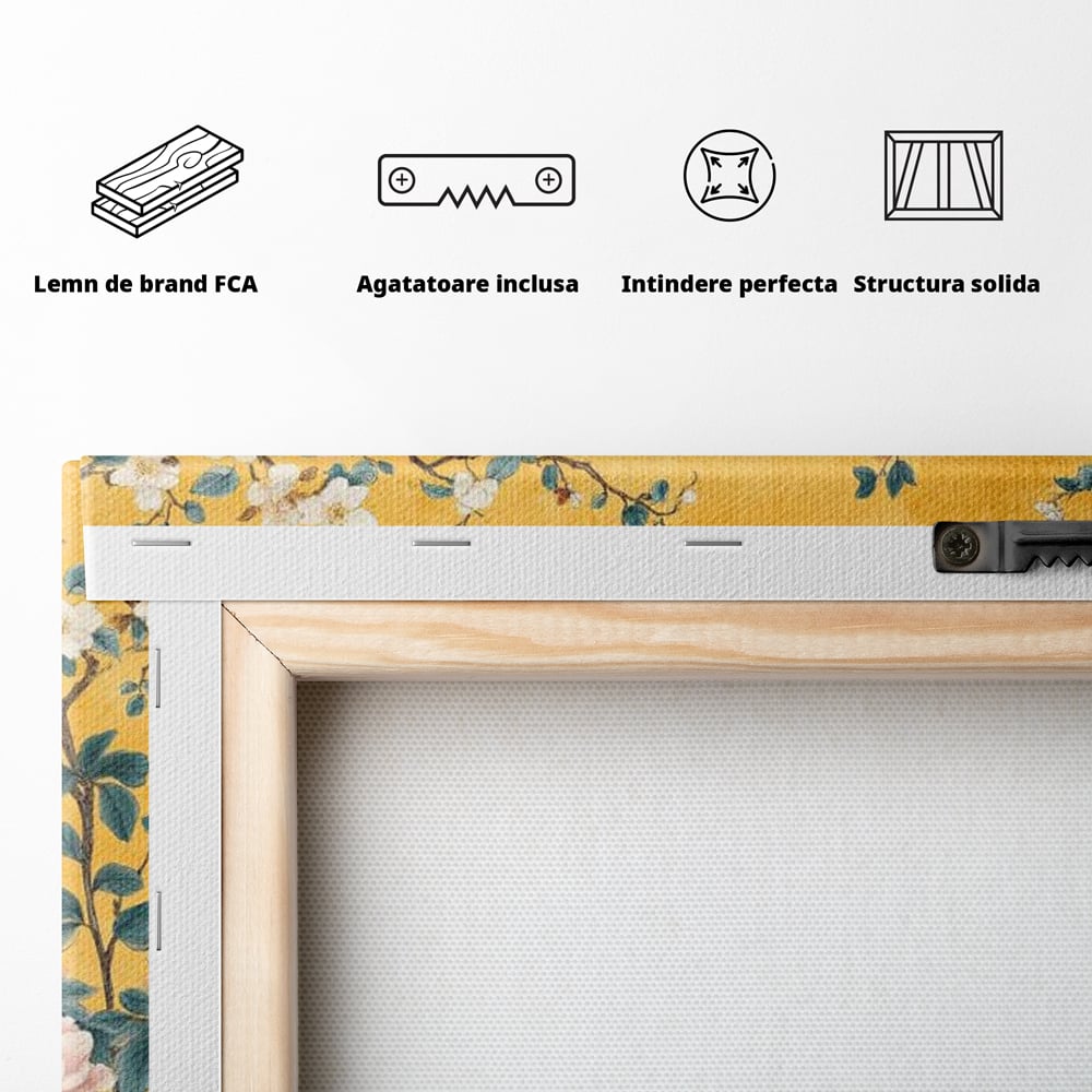 Tablou Canvas Premium, LuxCanva® M1068, Splendoare printre Bujori, Bujori, Oriental, Asiatic, Gradina, Pasari, Flori, Botanica, Pictura, Galben, Birou, Living, Camera Copil