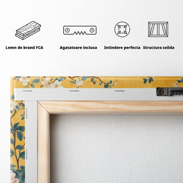 Tablou Canvas Premium, LuxCanva® M1068, Splendoare printre Bujori, Bujori, Oriental, Asiatic, Gradina, Pasari, Flori, Botanica, Pictura, Galben, Birou, Living, Camera Copil