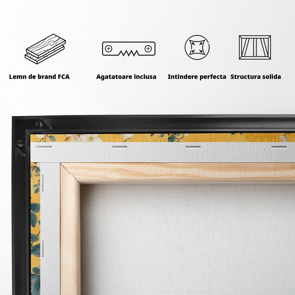 Tablou Canvas Premium, LuxCanva® M1068, Splendoare printre Bujori, Bujori, Oriental, Asiatic, Gradina, Pasari, Flori, Botanica, Pictura, Galben, Birou, Living, Camera Copil