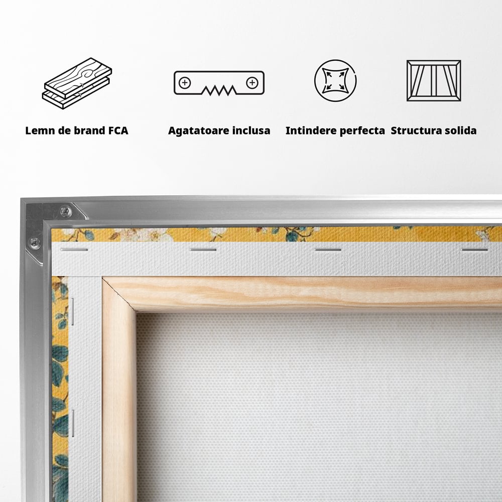 Tablou Canvas Premium, LuxCanva® M1068, Splendoare printre Bujori, Bujori, Oriental, Asiatic, Gradina, Pasari, Flori, Botanica, Pictura, Galben, Birou, Living, Camera Copil
