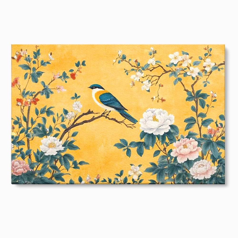 Tablou Canvas Premium, LuxCanva® M1068, Splendoare printre Bujori, Bujori, Oriental, Asiatic, Gradina, Pasari, Flori, Botanica, Pictura, Galben, Birou, Living, Camera Copil