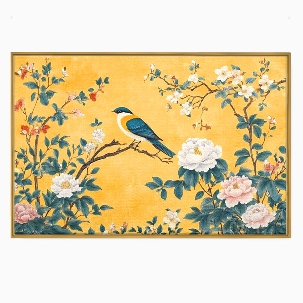 Tablou Canvas Premium, LuxCanva® M1068, Splendoare printre Bujori, Bujori, Oriental, Asiatic, Gradina, Pasari, Flori, Botanica, Pictura, Galben, Birou, Living, Camera Copil