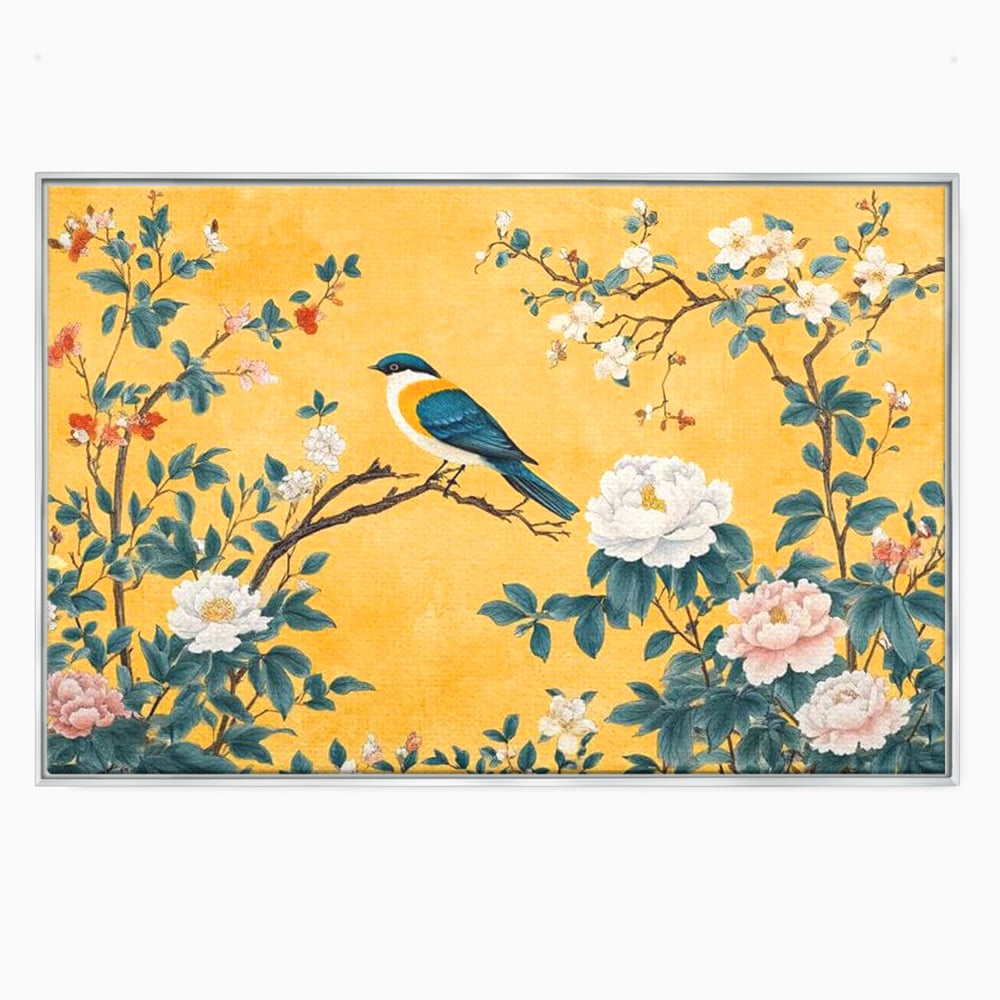 Tablou Canvas Premium, LuxCanva® M1068, Splendoare printre Bujori, Bujori, Oriental, Asiatic, Gradina, Pasari, Flori, Botanica, Pictura, Galben, Birou, Living, Camera Copil