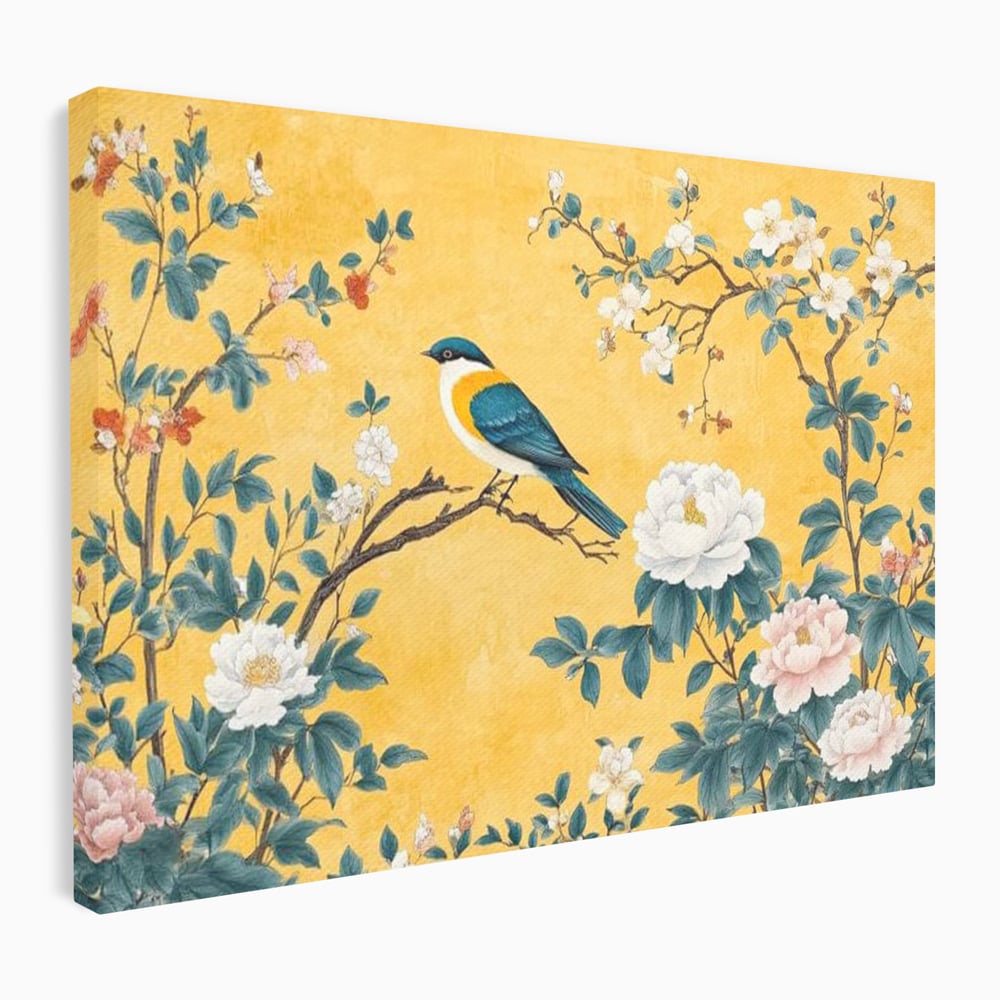 Tablou Canvas Premium, LuxCanva® M1068, Splendoare printre Bujori, Bujori, Oriental, Asiatic, Gradina, Pasari, Flori, Botanica, Pictura, Galben, Birou, Living, Camera Copil