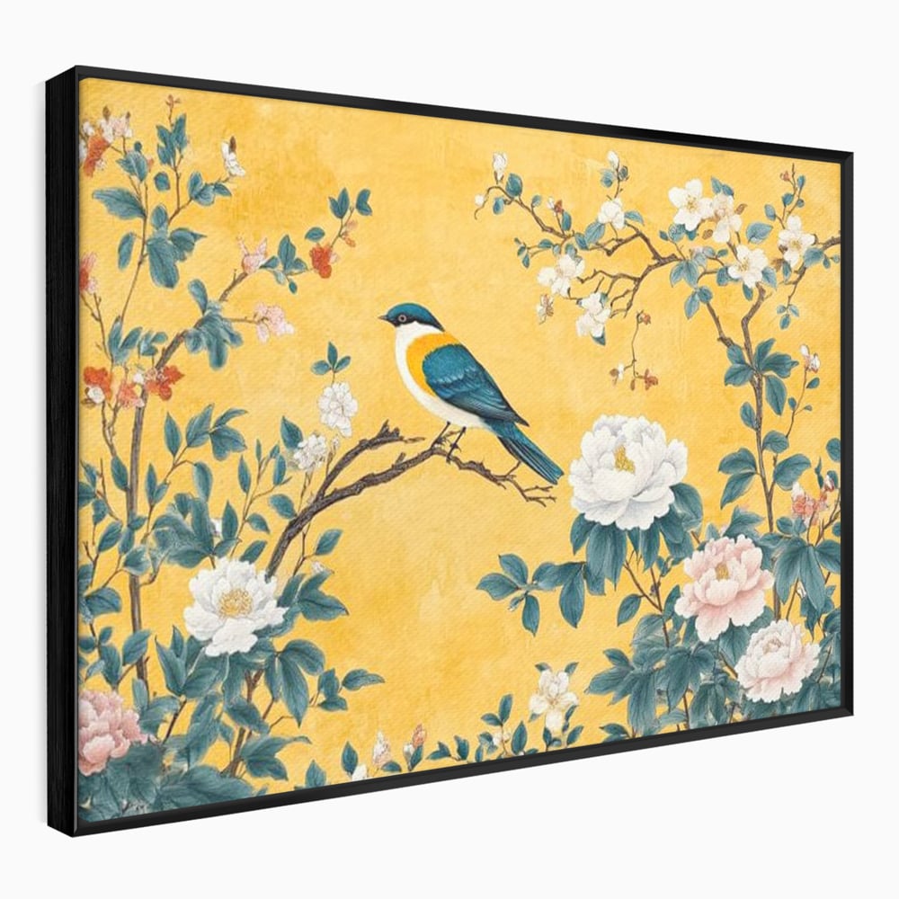 Tablou Canvas Premium, LuxCanva® M1068, Splendoare printre Bujori, Bujori, Oriental, Asiatic, Gradina, Pasari, Flori, Botanica, Pictura, Galben, Birou, Living, Camera Copil