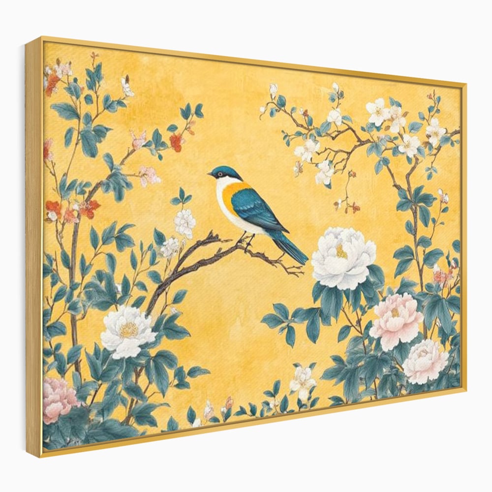 Tablou Canvas Premium, LuxCanva® M1068, Splendoare printre Bujori, Bujori, Oriental, Asiatic, Gradina, Pasari, Flori, Botanica, Pictura, Galben, Birou, Living, Camera Copil