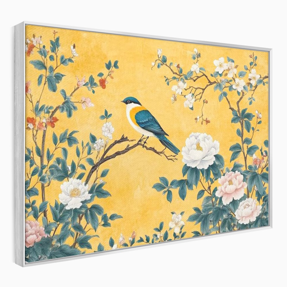 Tablou Canvas Premium, LuxCanva® M1068, Splendoare printre Bujori, Bujori, Oriental, Asiatic, Gradina, Pasari, Flori, Botanica, Pictura, Galben, Birou, Living, Camera Copil