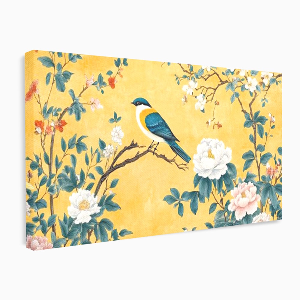 Tablou Canvas Premium, LuxCanva® M1068, Splendoare printre Bujori, Bujori, Oriental, Asiatic, Gradina, Pasari, Flori, Botanica, Pictura, Galben, Birou, Living, Camera Copil