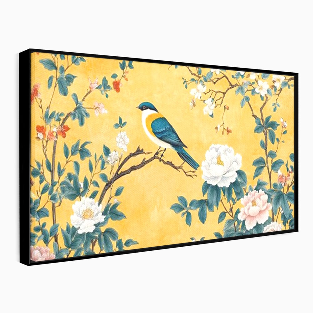 Tablou Canvas Premium, LuxCanva® M1068, Splendoare printre Bujori, Bujori, Oriental, Asiatic, Gradina, Pasari, Flori, Botanica, Pictura, Galben, Birou, Living, Camera Copil