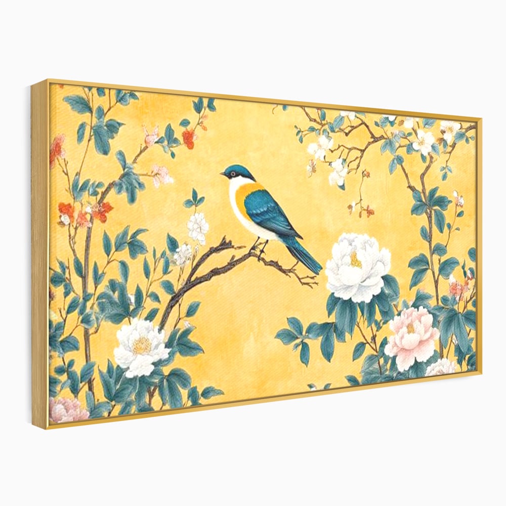 Tablou Canvas Premium, LuxCanva® M1068, Splendoare printre Bujori, Bujori, Oriental, Asiatic, Gradina, Pasari, Flori, Botanica, Pictura, Galben, Birou, Living, Camera Copil