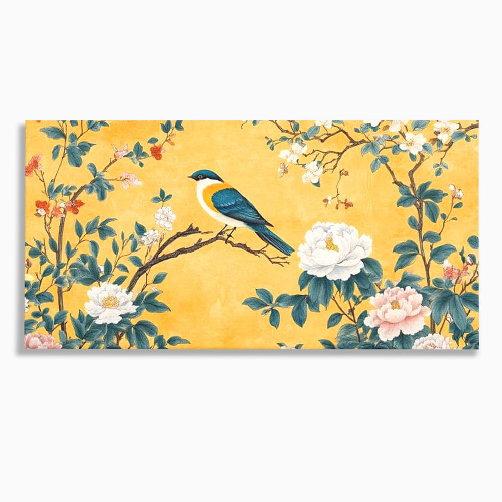 Tablou Canvas Premium, LuxCanva® M1068, Splendoare printre Bujori, Bujori, Oriental, Asiatic, Gradina, Pasari, Flori, Botanica, Pictura, Galben, Birou, Living, Camera Copil