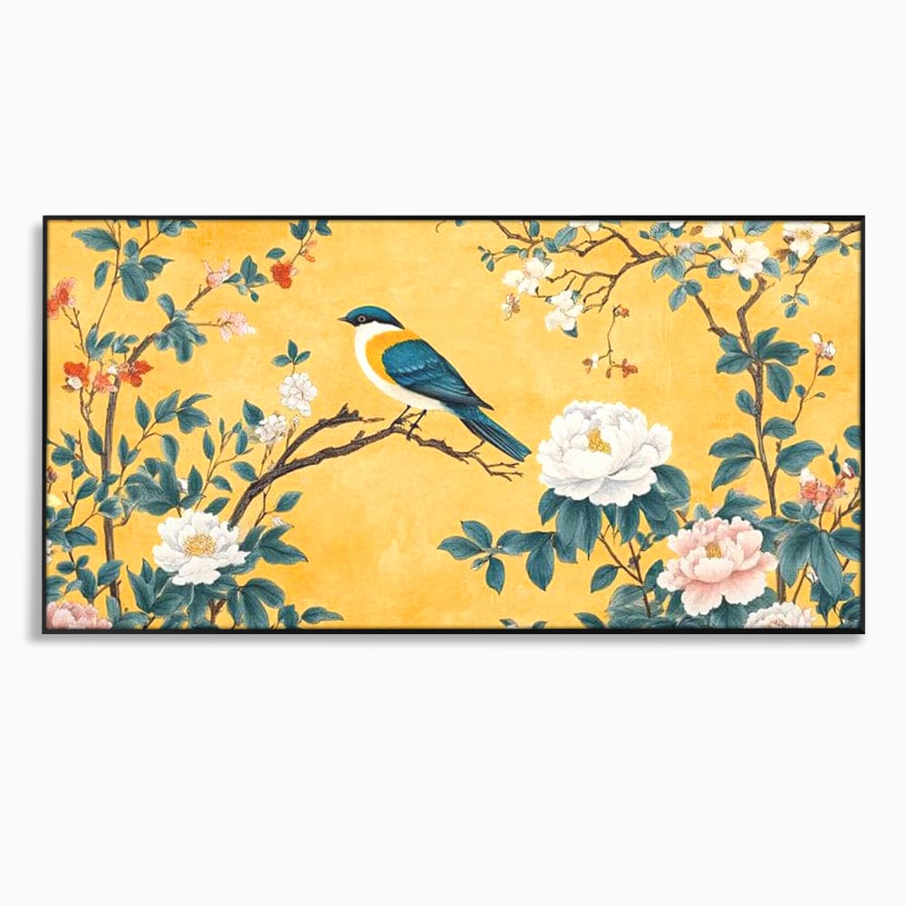 Tablou Canvas Premium, LuxCanva® M1068, Splendoare printre Bujori, Bujori, Oriental, Asiatic, Gradina, Pasari, Flori, Botanica, Pictura, Galben, Birou, Living, Camera Copil