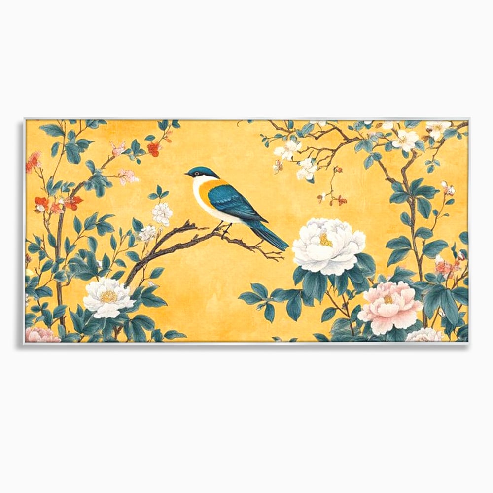 Tablou Canvas Premium, LuxCanva® M1068, Splendoare printre Bujori, Bujori, Oriental, Asiatic, Gradina, Pasari, Flori, Botanica, Pictura, Galben, Birou, Living, Camera Copil