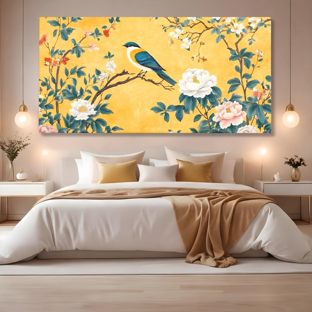 Tablou Canvas Premium, LuxCanva® M1068, Splendoare printre Bujori, Bujori, Oriental, Asiatic, Gradina, Pasari, Flori, Botanica, Pictura, Galben, Birou, Living, Camera Copil