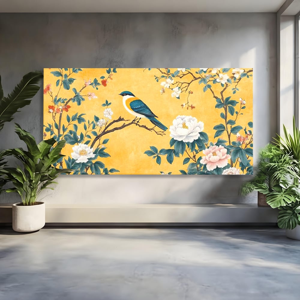 Tablou Canvas Premium, LuxCanva® M1068, Splendoare printre Bujori, Bujori, Oriental, Asiatic, Gradina, Pasari, Flori, Botanica, Pictura, Galben, Birou, Living, Camera Copil
