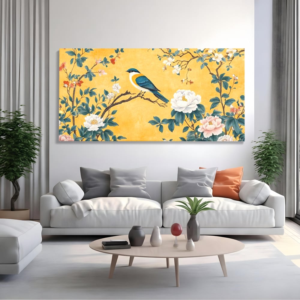 Tablou Canvas Premium, LuxCanva® M1068, Splendoare printre Bujori, Bujori, Oriental, Asiatic, Gradina, Pasari, Flori, Botanica, Pictura, Galben, Birou, Living, Camera Copil