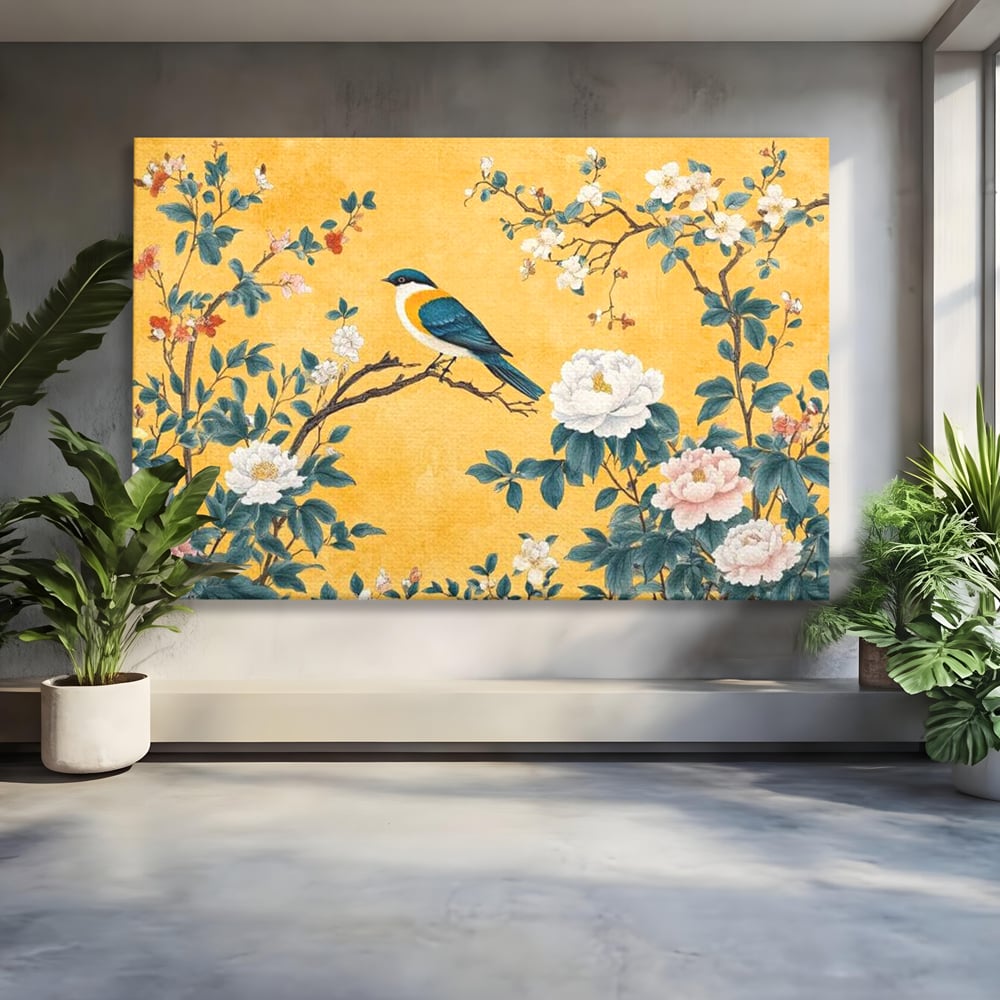 Tablou Canvas Premium, LuxCanva® M1068, Splendoare printre Bujori, Bujori, Oriental, Asiatic, Gradina, Pasari, Flori, Botanica, Pictura, Galben, Birou, Living, Camera Copil