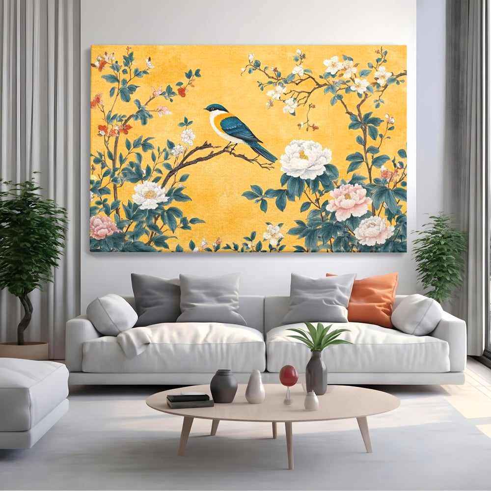 Tablou Canvas Premium, LuxCanva® M1068, Splendoare printre Bujori, Bujori, Oriental, Asiatic, Gradina, Pasari, Flori, Botanica, Pictura, Galben, Birou, Living, Camera Copil