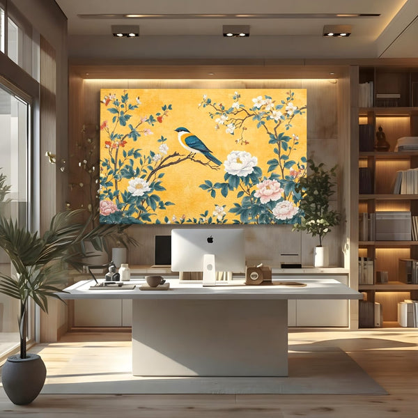 Tablou Canvas Premium, LuxCanva® M1068, Splendoare printre Bujori, Bujori, Oriental, Asiatic, Gradina, Pasari, Flori, Botanica, Pictura, Galben, Birou, Living, Camera Copil